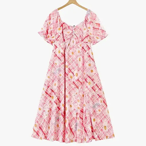 Sommer-Maxikleid in Übergröße mit eckigem Ausschnitt, Puffärmeln und Karomuster sowie Gänseblümchenmuster - Rosa - 6XL - image 0