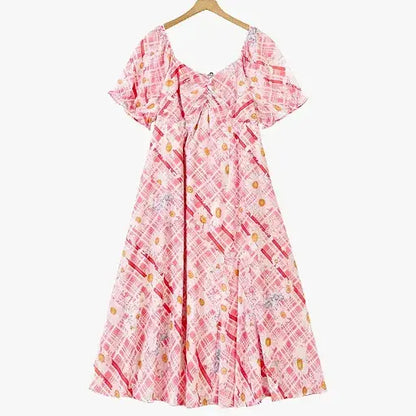 Sommer-Maxikleid in Übergröße mit eckigem Ausschnitt, Puffärmeln und Karomuster sowie Gänseblümchenmuster - Rosa - 6XL - image 0