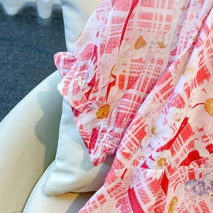 Sommer-Maxikleid in Übergröße mit eckigem Ausschnitt, Puffärmeln und Karomuster sowie Gänseblümchenmuster - image 1