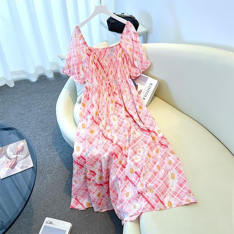 Sommer-Maxikleid in Übergröße mit eckigem Ausschnitt, Puffärmeln und Karomuster sowie Gänseblümchenmuster - image 7