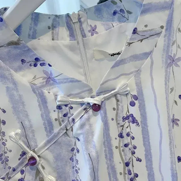 Sommer-Maxikleid in Übergröße, locker geschnitten, mit Blumenmuster und Streifen, Stehkragen - image 1