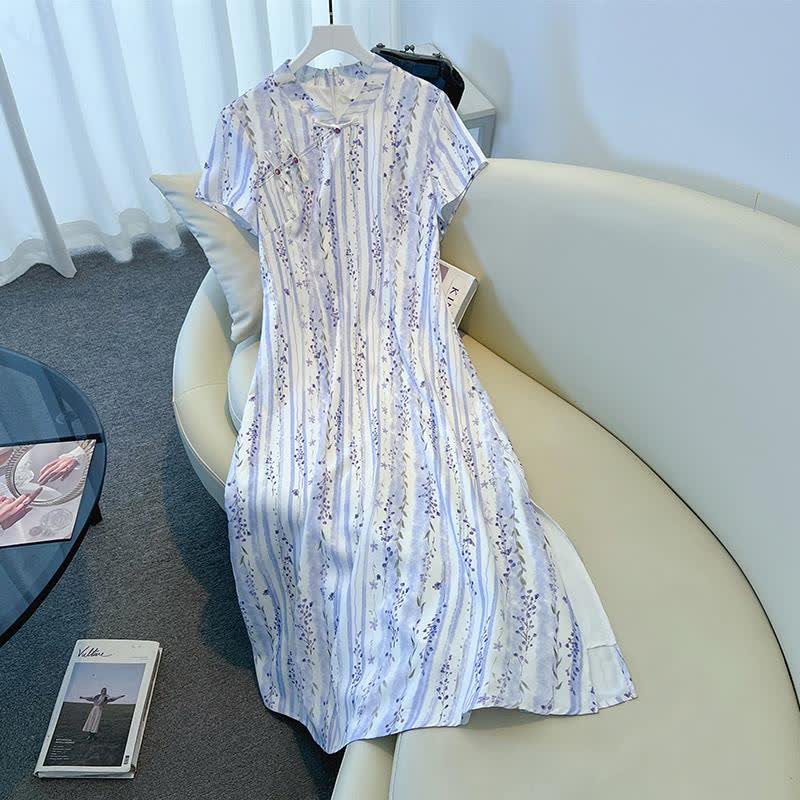 Sommer-Maxikleid in Übergröße, locker geschnitten, mit Blumenmuster und Streifen, Stehkragen - image 5