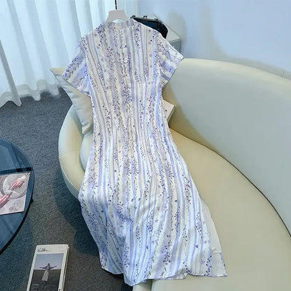 Sommer-Maxikleid in Übergröße, locker geschnitten, mit Blumenmuster und Streifen, Stehkragen - image 6
