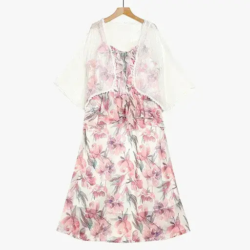 Set aus transparentem Cardigan in Übergröße, leichtem Sommerkleid mit Blumenmuster, Rüschen und V-Ausschnitt - image 1