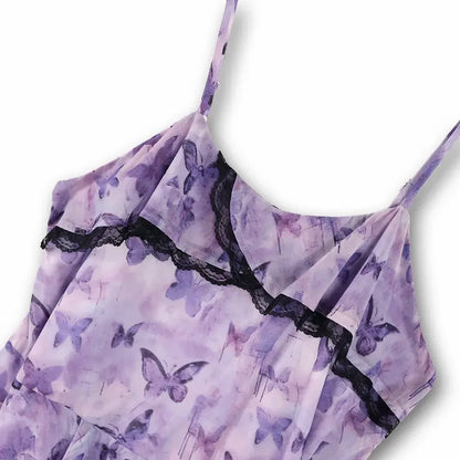 Plus Size Lavendel Schmetterlingsmuster Schwarze Spitze Asymmetrisches Midi-Slipkleid - image 2