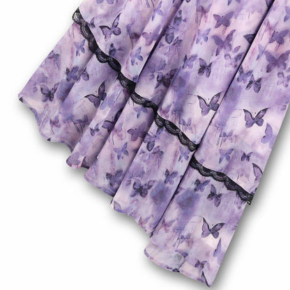 Plus Size Lavendel Schmetterlingsmuster Schwarze Spitze Asymmetrisches Midi-Slipkleid - image 3