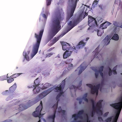 Plus Size Lavendel Schmetterlingsmuster Schwarze Spitze Asymmetrisches Midi-Slipkleid - image 4