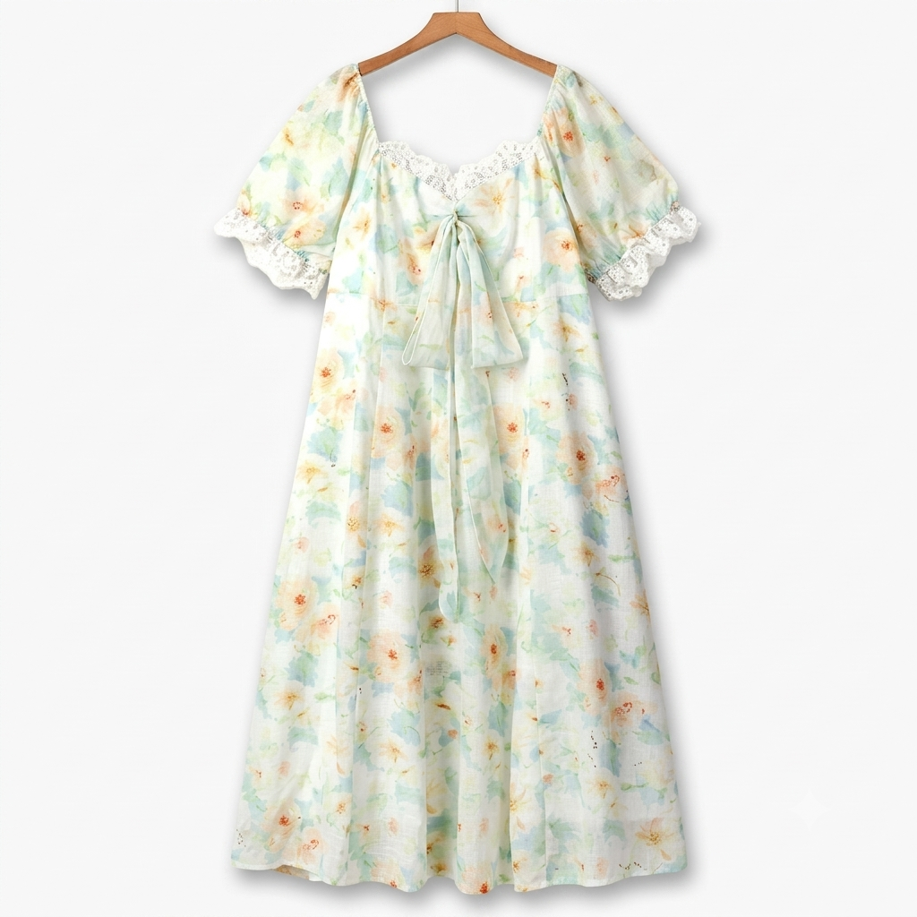 Sommer-Maxikleid in Übergröße mit eckigem Ausschnitt, Spitzenbesatz, Blumenmuster und Puffärmeln, Spitzenbesatz und Blumenmuster - Minze - 6XL - image 0