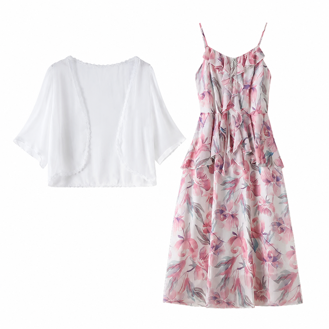 Set aus transparentem Cardigan in Übergröße, leichtem Sommerkleid mit Blumenmuster, Rüschen und V-Ausschnitt - 2-teiliges Set - 6XL - image 0