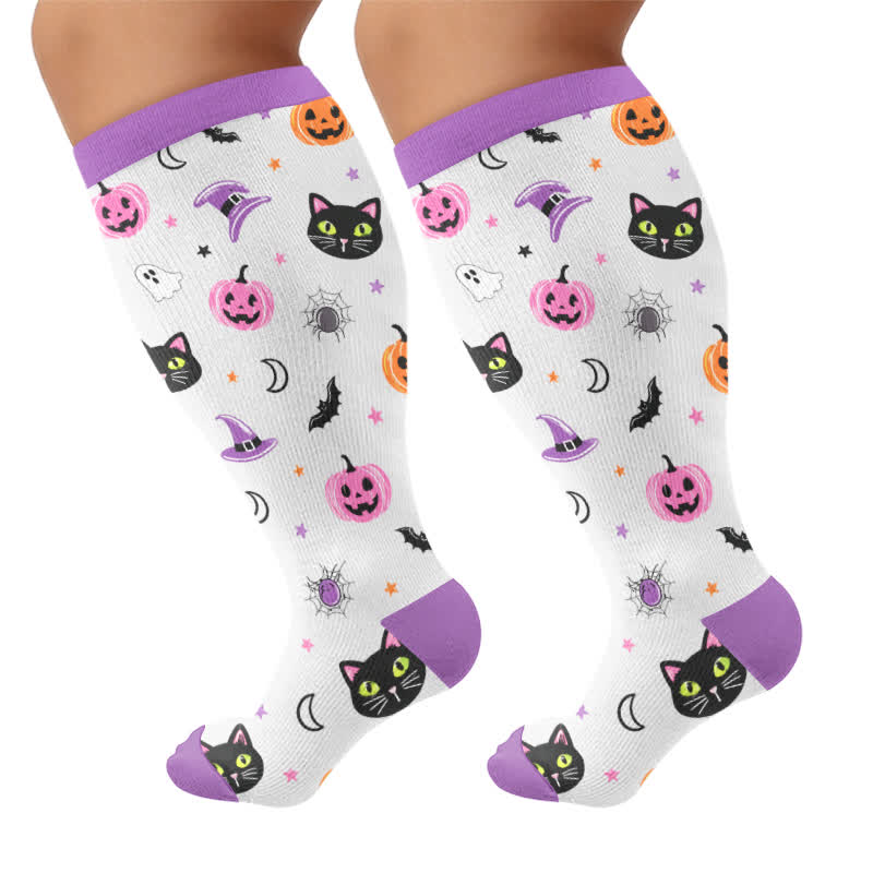 Plus Size Katzen-Kürbis-Mond-Kompressionssocken - Lila - 4XL - image 9