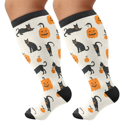 Plus Size Katzen-Kürbis-Mond-Kompressionssocken - Schwarz - 4XL - image 8