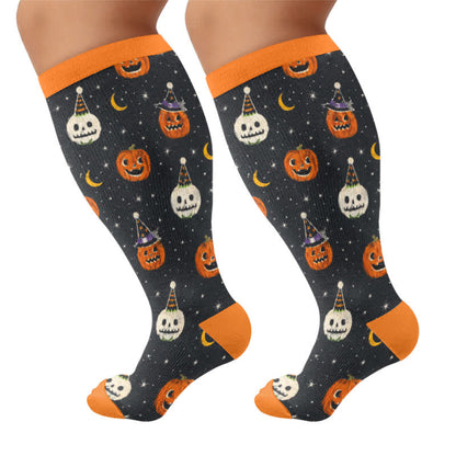 Plus Size Katzen-Kürbis-Mond-Kompressionssocken - Orange - 4XL - image 10