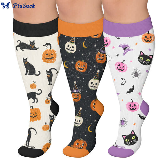 Plus Size Katzen-Kürbis-Mond-Kompressionssocken - image 0