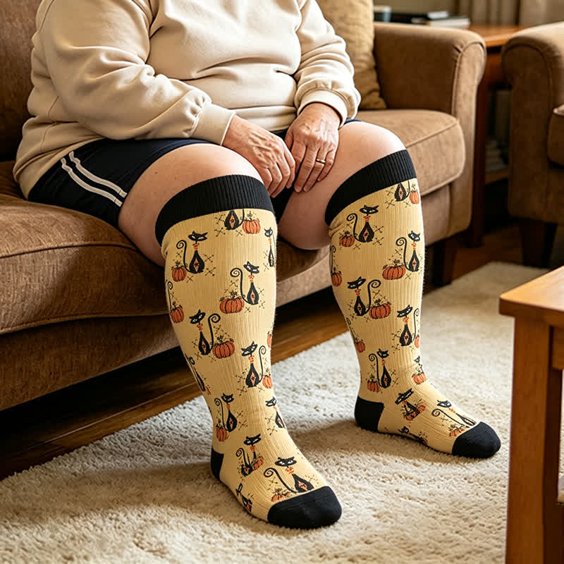 Schwarze Katzengeist-Kompressionsstrümpfe in Übergröße - Gelb - 4XL - image 2