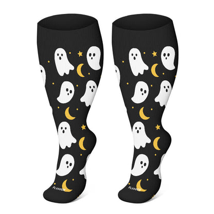 Plus Size Halloween Kompressionsstrümpfe mit niedlichem Fledermaus- und Katzenmuster - Schwarz - 4XL - image 12