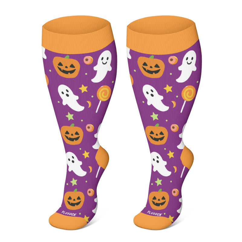 Plus Size Halloween Kompressionsstrümpfe mit niedlichem Fledermaus- und Katzenmuster - Orange-A - 4XL - image 14