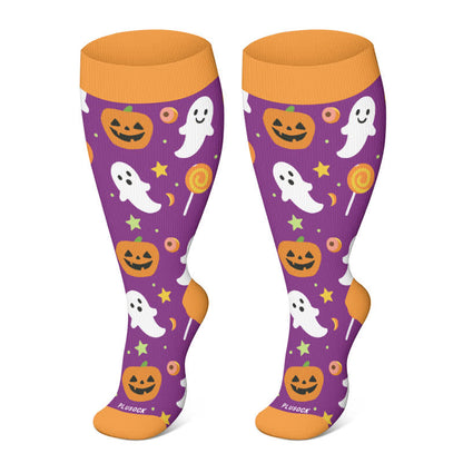 Plus Size Halloween Kompressionsstrümpfe mit niedlichem Fledermaus- und Katzenmuster - Orange-A - 4XL - image 14