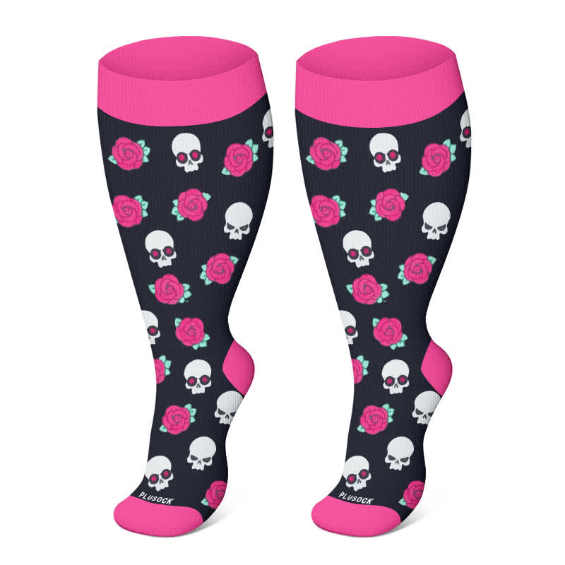 Plus Size Halloween Kompressionsstrümpfe mit niedlichem Fledermaus- und Katzenmuster - Rose - 4XL - image 15