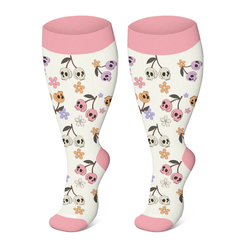 Plus Size Halloween Kompressionsstrümpfe mit niedlichem Fledermaus- und Katzenmuster - Rosa - 4XL - image 16
