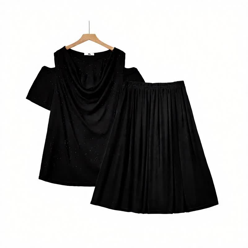 Zweiteiliges Rock-Set mit drapiertem Cut-Out-Schultern und Midi-Länge - Schwarz - 6XL - image 0