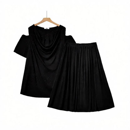 Zweiteiliges Rock-Set mit drapiertem Cut-Out-Schultern und Midi-Länge - Schwarz - 6XL - image 0