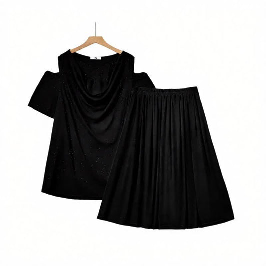 Zweiteiliges Rock-Set mit drapiertem Cut-Out-Schultern und Midi-Länge - Schwarz - 6XL - image 0