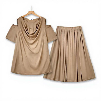 Zweiteiliges Rock-Set mit drapiertem Cut-Out-Schultern und Midi-Länge - Khaki - 6XL - image 3