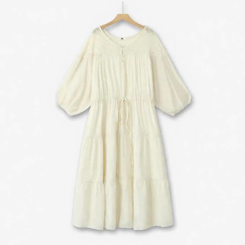 Boho-Maxikleid mit Kordelzug und Stufenrock für den Urlaub - Beige - 6XL - image 2