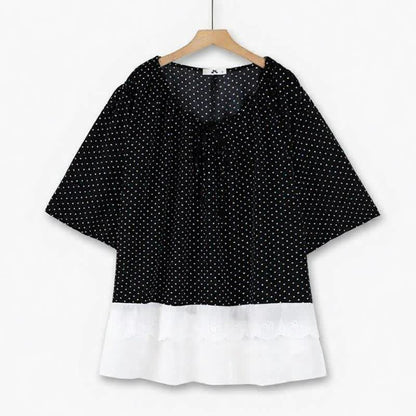Tunika-Top mit Polka-Dots, Bindekragen und Rüschensaum - Schwarz Weiß - 6XL - image 0