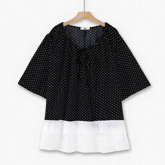 Tunika-Top mit Polka-Dots, Bindekragen und Rüschensaum - Schwarz Weiß - 6XL - image 0
