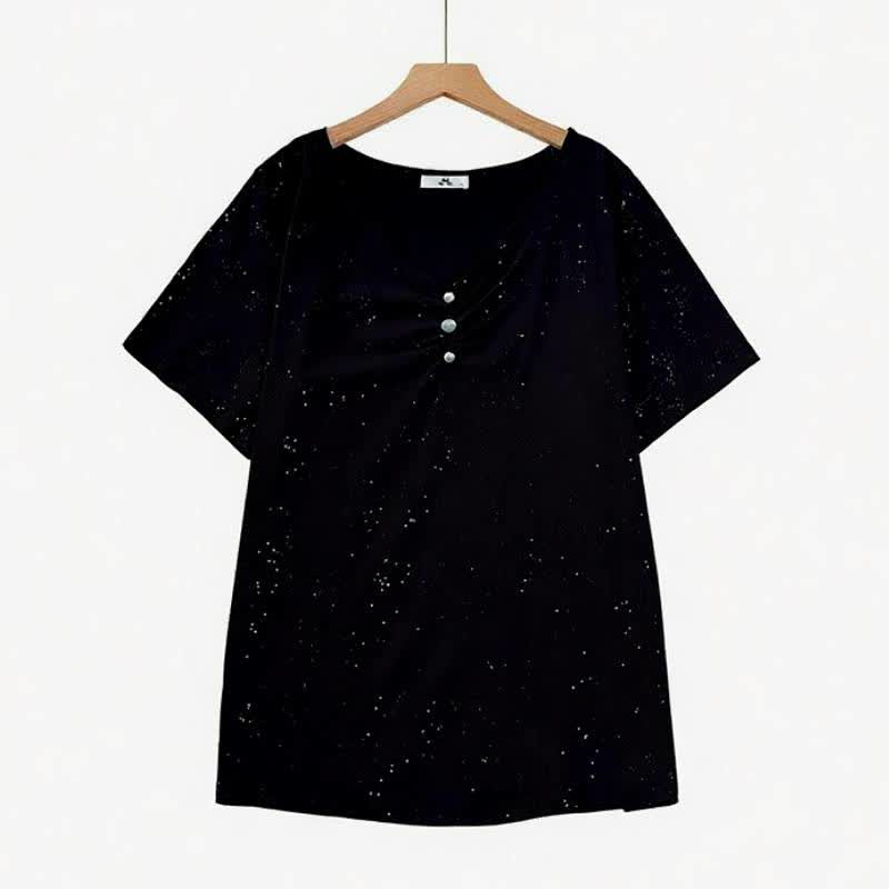 Lässiges Oberteil aus gesprenkelter Baumwolle mit Knopfdetails - Schwarz - 6XL - image 0