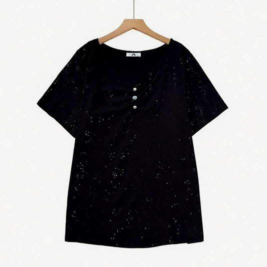Lässiges Oberteil aus gesprenkelter Baumwolle mit Knopfdetails - Schwarz - 6XL - image 0