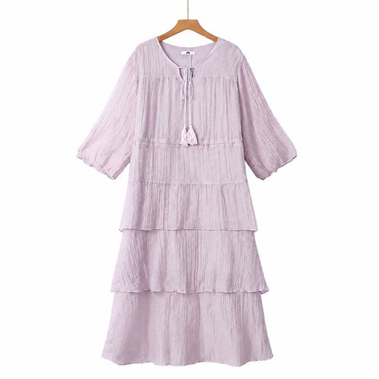 Crinkle-Stufenkleid mit Quasten und Bindebändern, Midi-Länge. - Lila - 6XL - image 0
