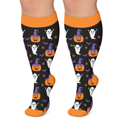Plus Size Spellbound Ghost Pumpkin Kompressionsstrümpfe - Orange - 4XL - image 6