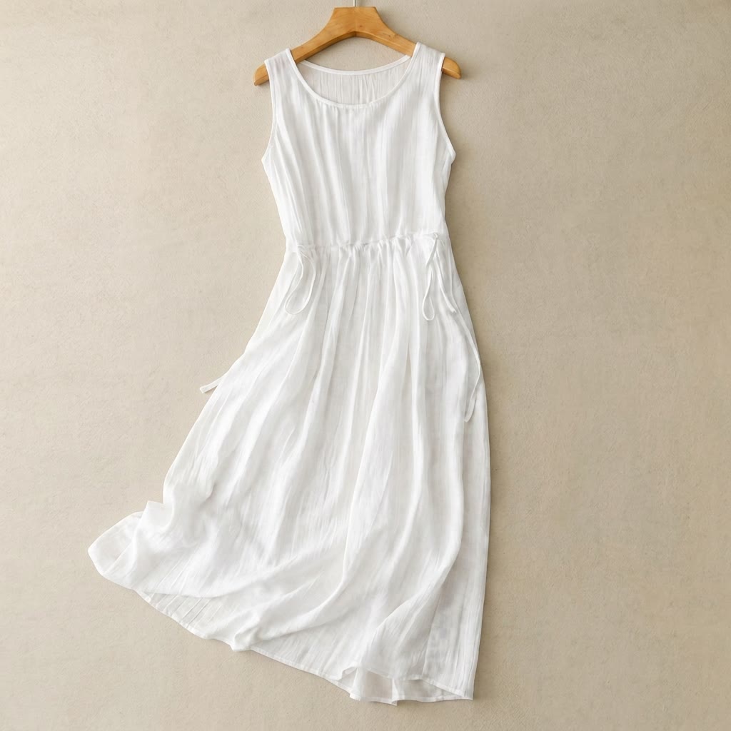Ramie Lyocell Midikleid mit Kordelzug - Weiß - 2XL - image 0