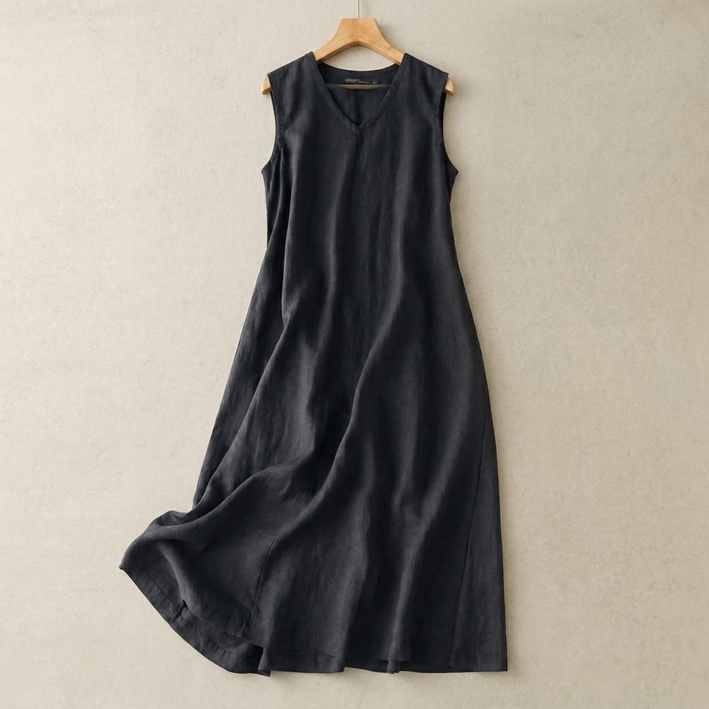 Maxikleid aus Baumwoll-Leinen-Mischgewebe mit V-Ausschnitt - Marineblau - 5XL - image 2