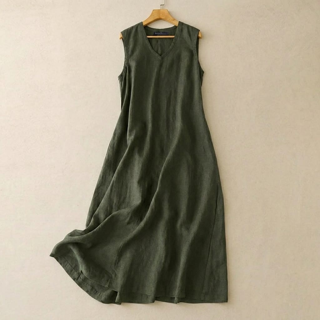 Maxikleid aus Baumwoll-Leinen-Mischgewebe mit V-Ausschnitt - Grün - 5XL - image 0