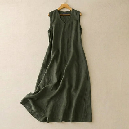 Maxikleid aus Baumwoll-Leinen-Mischgewebe mit V-Ausschnitt - Grün - 5XL - image 0