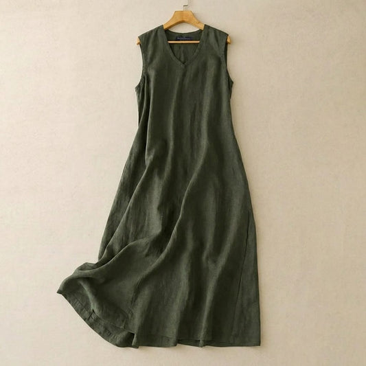 Maxikleid aus Baumwoll-Leinen-Mischgewebe mit V-Ausschnitt - Grün - 5XL - image 0