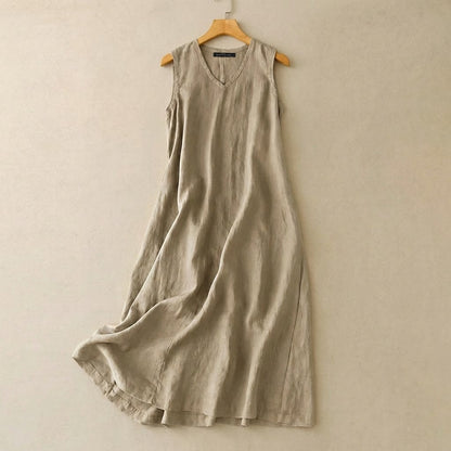 Maxikleid aus Baumwoll-Leinen-Mischgewebe mit V-Ausschnitt - Khaki - 5XL - image 1