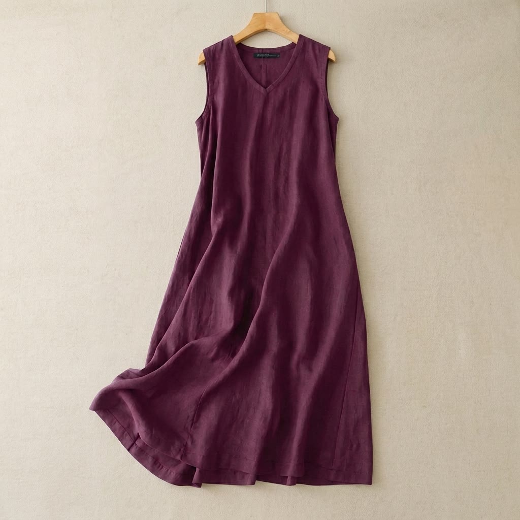 Maxikleid aus Baumwoll-Leinen-Mischgewebe mit V-Ausschnitt - Lila - 5XL - image 3