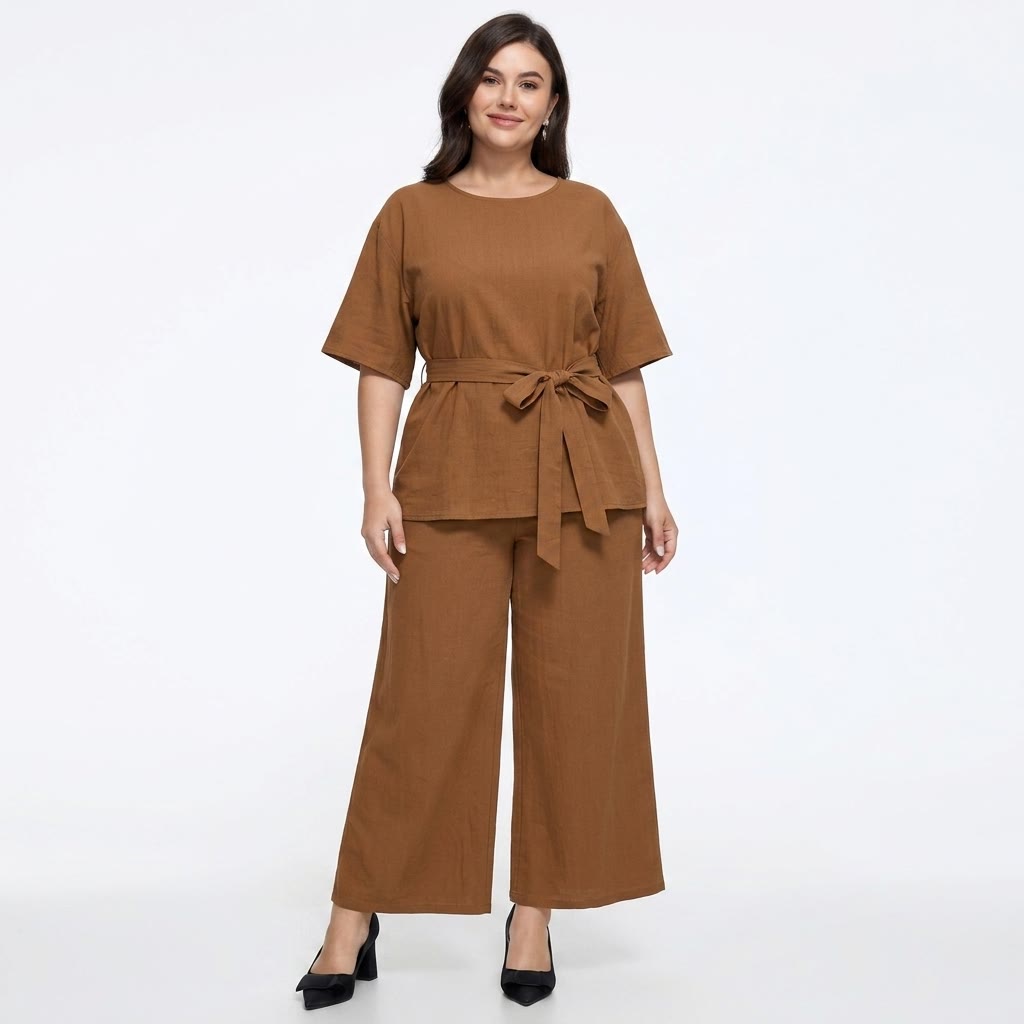 Set aus lässigem Oberteil mit Gürtel, weitem Bein und Taschen - image 4