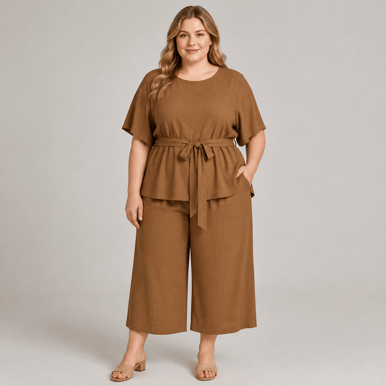 Set aus lässigem Oberteil mit Gürtel, weitem Bein und Taschen - image 1