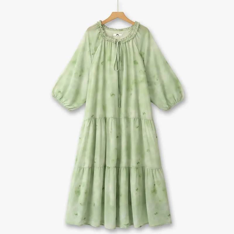 Romantisches Maxikleid mit Rüschen und Bindekragen - Grün - 6XL - image 0