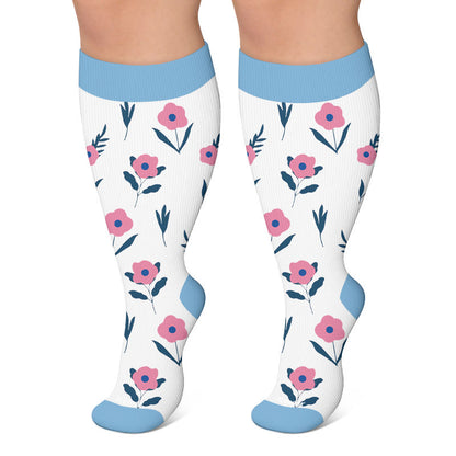 Kompressionsstrümpfe in Übergröße mit Herbstlaub-Blumenmuster - Blau - 4XL - image 4