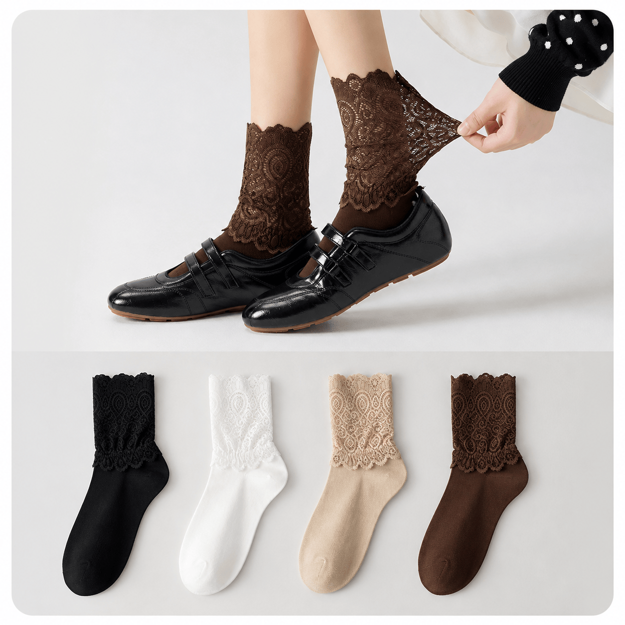 Elegante Viertelsocken mit floraler Spitze am Bündchen (4 Paar) - image 0
