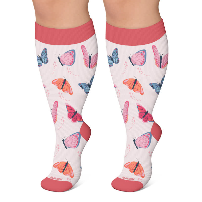 Kompressionsstrümpfe mit Schmetterlingswiesen-Print in Übergröße - Rosa - 4XL - image 5
