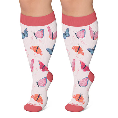 Kompressionsstrümpfe mit Schmetterlingswiesen-Print in Übergröße - Rosa - 4XL - image 5