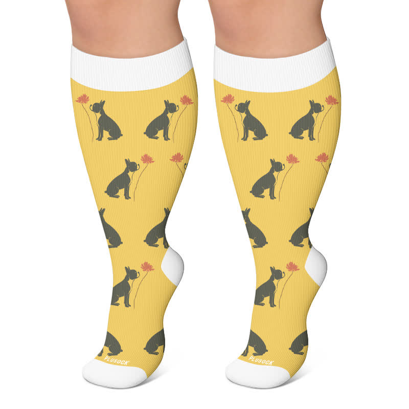 Kompressionsstrümpfe mit verspieltem Katzen- und Vogelmotiv in Übergröße - Gelb - 4XL - image 4