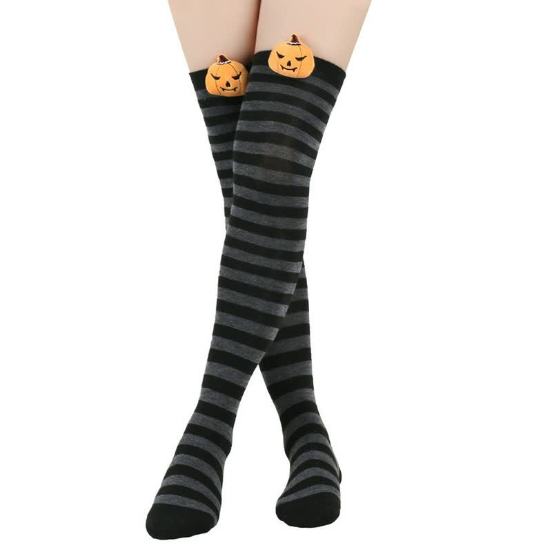 Halloween-Kürbis-Oberschenkelstrümpfe (3 Paar) - Grau - Einheitsgröße - image 3